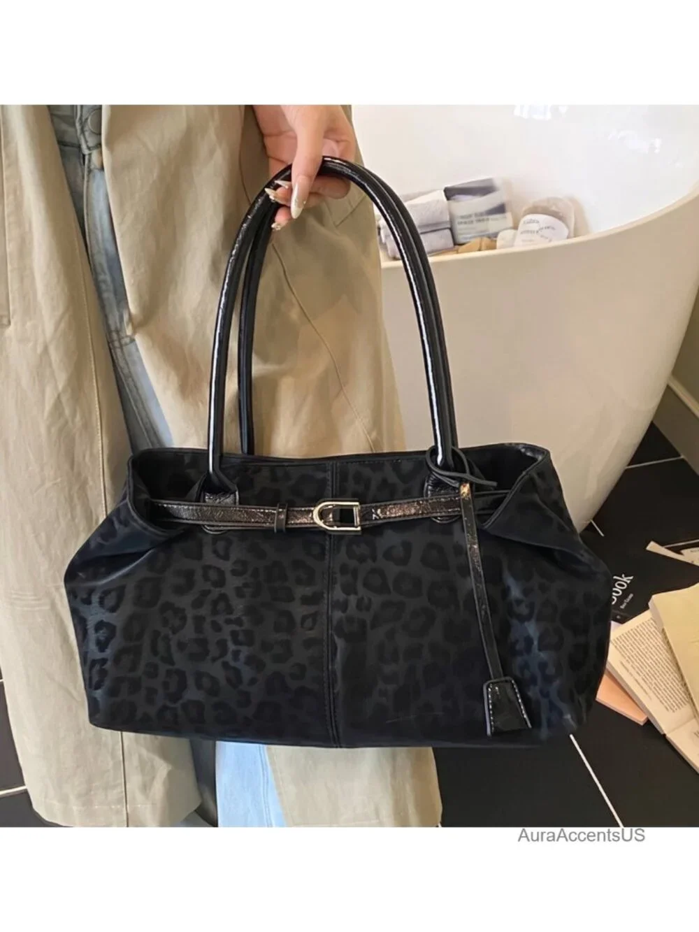 Y2K Leopard Print Faux Suede PU Hobo Shoulder Bag Large Capacity Tote